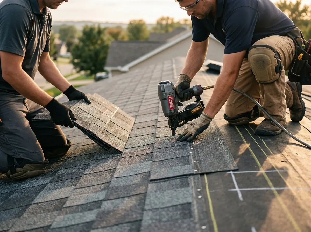 Professional roofer working on a residential roof in Midland Park